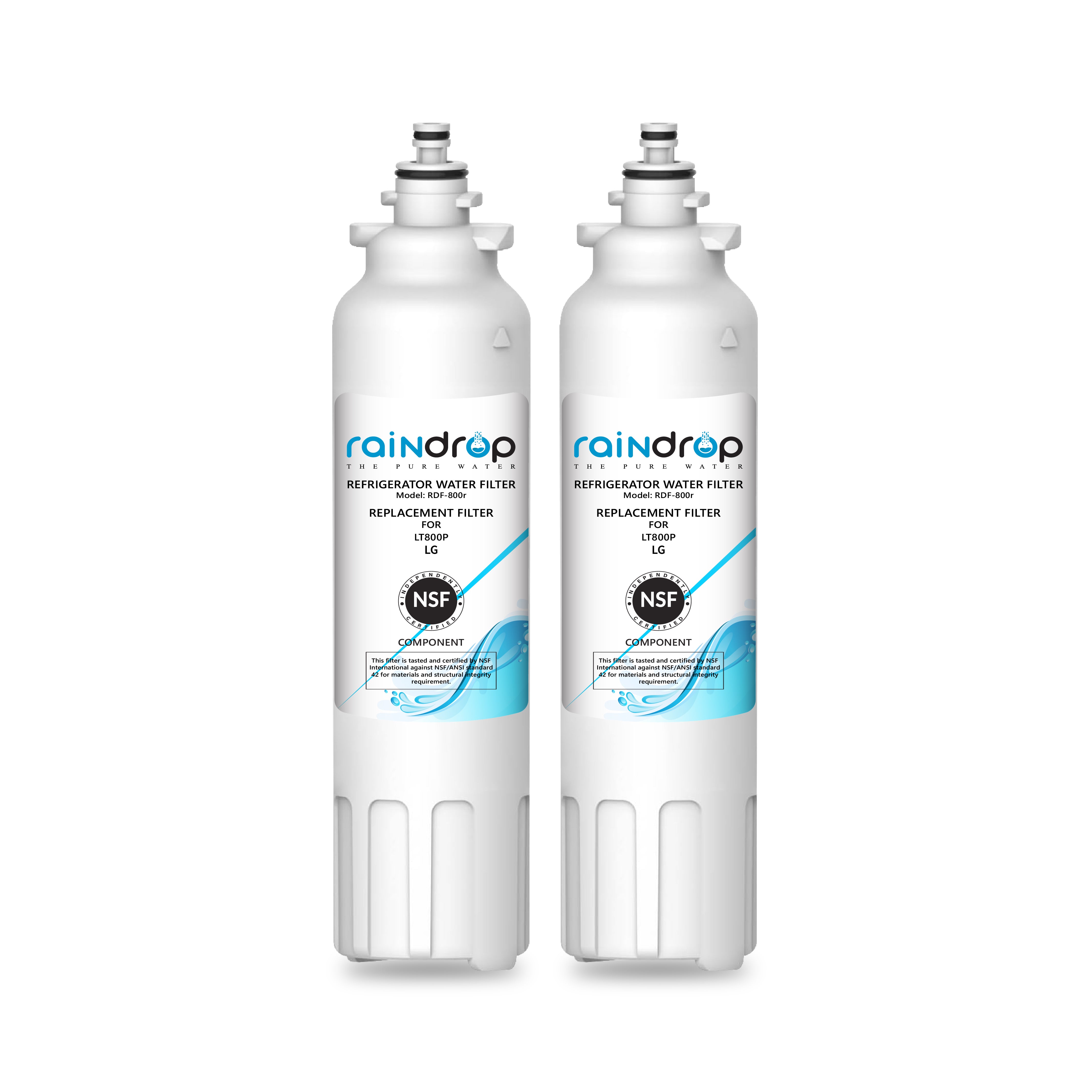 Two white cylindrical refrigerator water filters with blue accents and the Raindrop brand logo on the labels.